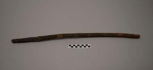 Wood stick, one end is rounded, cracked, and wrapped with sinew