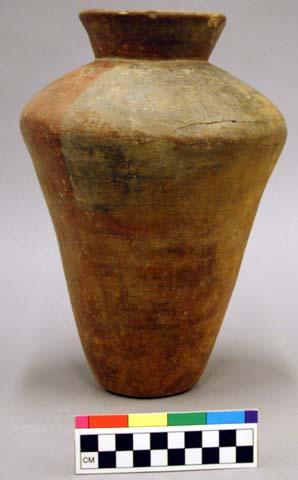 Ceramic vessel, jar with poychrome, funnel shaped body, flared neck, flat base