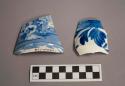 Ceramic body and rim sherds, white with blue painted designs