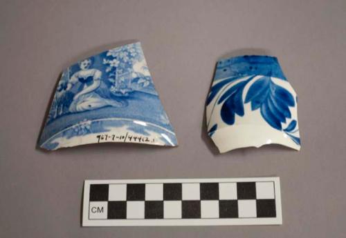 Ceramic body and rim sherds, white with blue painted designs