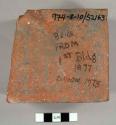 Brick fragment from first Peabody Museum bldg. 1877, collected 1973.