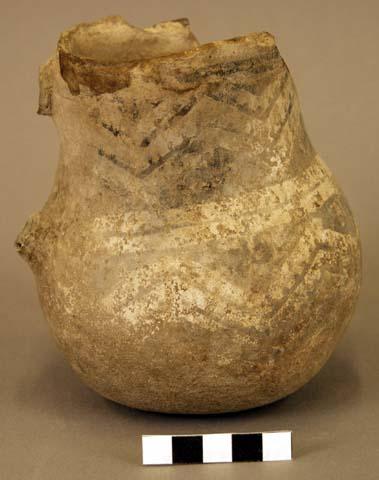 Ceramic jar, straight neck, handle broken off,  faded black on white exterior