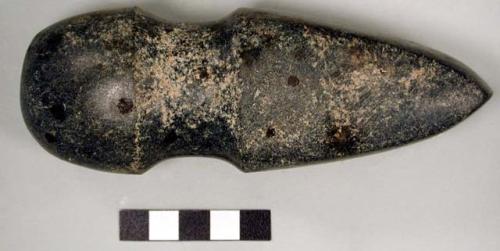 Stone axe, three quarter groove, rounded butt, squared thick blade, oblique bit