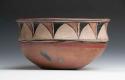 Pottery bowl. Flattened base and recurved top. Large mouth reddish brown with