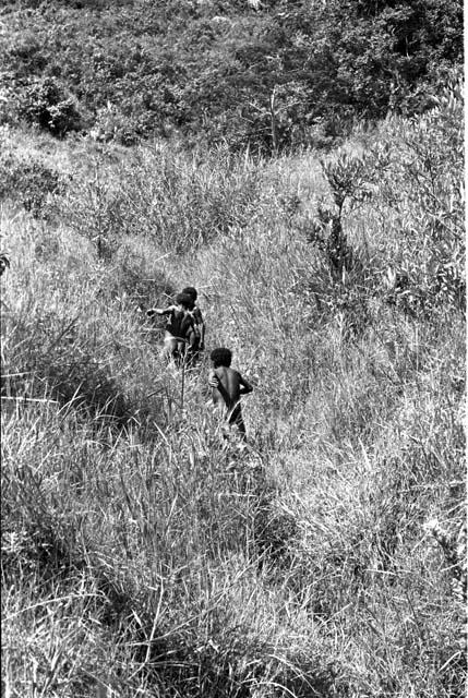 Children walking in a ditch