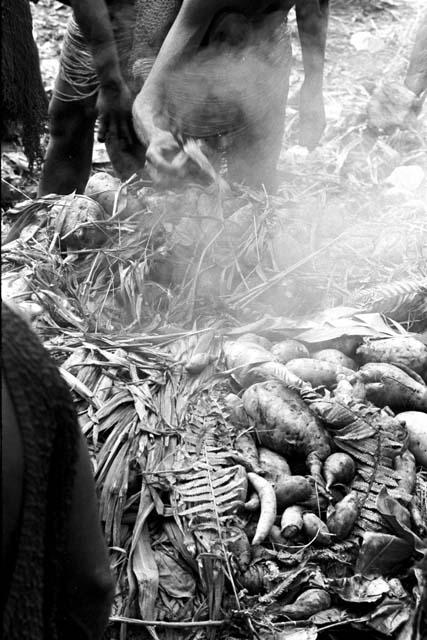 hands in the haksé digging out the hot potatoes