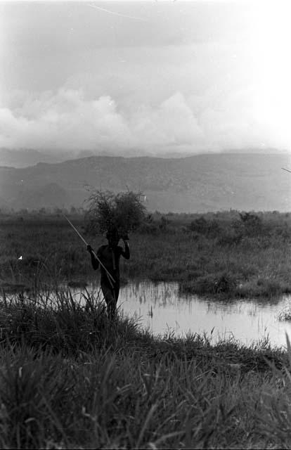 men carrying some grass to protect themselves from the rain