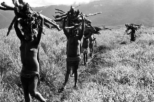 women carrying loads of wood on their heads towards Abukupak from the north