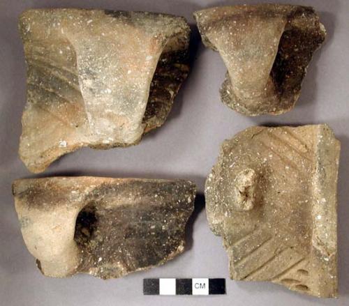 Ceramic, earthenware rim sherds, shell-tempered, incised, punctate, strap handles; possible Ramey incised