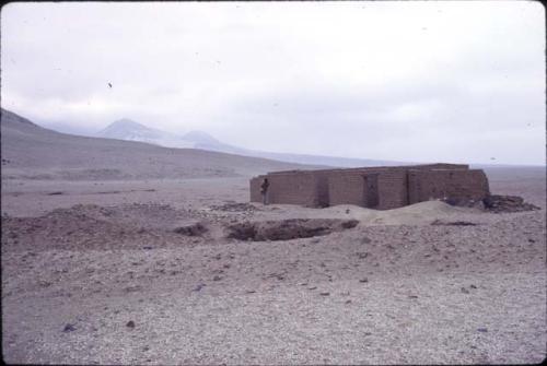 Crew at work excavating test pits in the loose dry sand at preceramic midden site on Alto de Salaverry. Andres Castillo and Michael Moseley shown at work at the site.