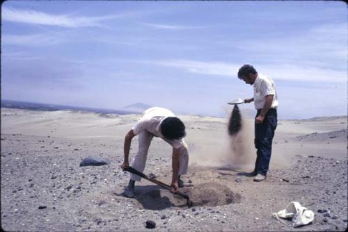 Crew at work excavating test pits in the loose dry sand at preceramic midden site on Alto de Salaverry. Andres Castillo and Michael Moseley shown at work at the site.