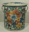 Large flat-bottomed polychrome pot, glazed and painted with floral and landscape