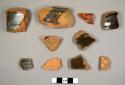 Sherds, earthenware, some with lead glaze on one side.