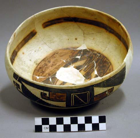 Ceramic bowl, brown on buff interior, polychrom exterior, reconstructed