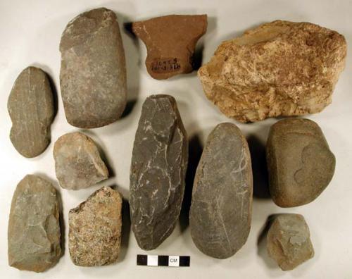 Ground stone, adze fragments; ground stone, notched tool and tool fragment; ground stone, cobble; chipped stone, possible chipping debris