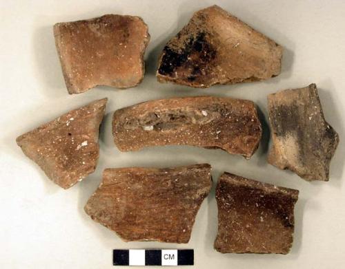 Ceramic, earthenware rim sherds, undecorated, one with molded rim, one burnished, one with handle attachment, shell-tempered