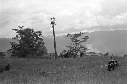 Puakoloba on the day of an Etai before the men have gone over to the Liberek; distance shot of the Etai; many spears over an oléa; men in the kaio