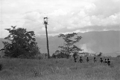 Puakoloba on the day of an Etai before the men have gone over to the Liberek; distance shot of the Etai; many spears over an oléa; men in the kaio