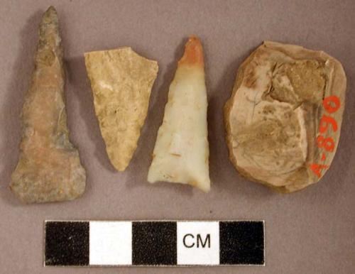 Chipped stone, triangular projectile points, drill, and scraper