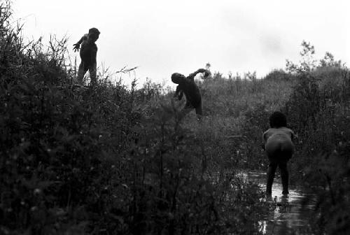 children in the stream throwing darts at each other