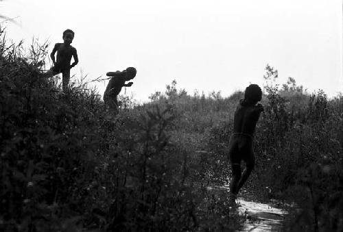 3 little boys play near the stream of Homoak as it goes out towards the Alima gardens