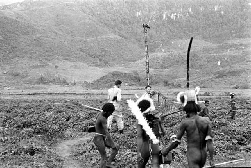 View towards the Anelerak near Wali's kaio; warriors in foreground; Karl Heider and Robert Gardner in the middleground