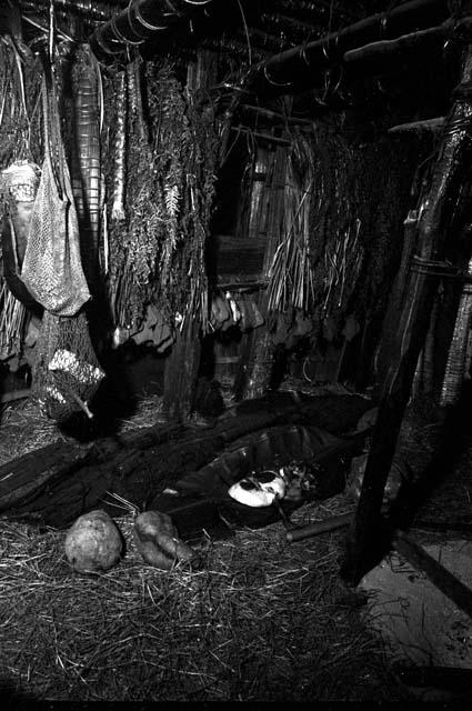 Meat on a banana leaf in back of the honai near the hakok or cupboard where the holy stones are kept