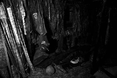 Meat on a banana leaf in back of the honai near the hakok or cupboard where the holy stones are kept