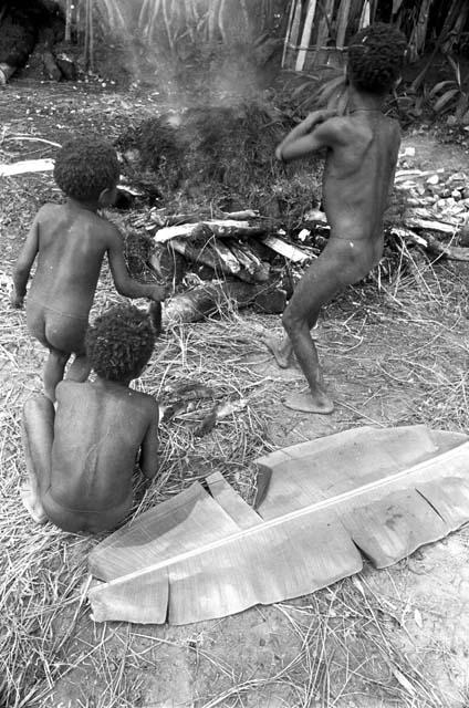 Boys singeing the rats in the back of Abulupak in the sili