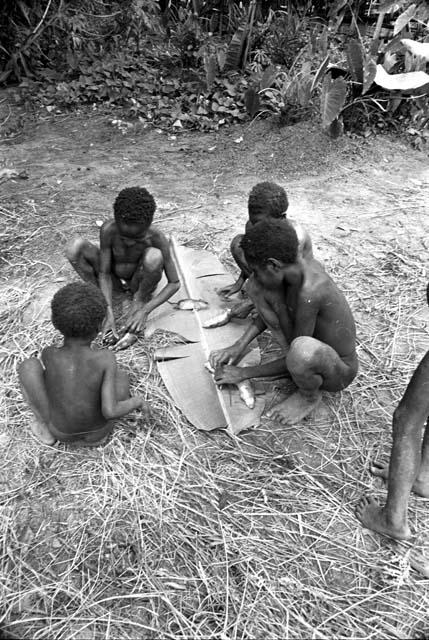 Boys cleaning the entrails from the rats