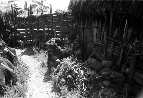 Women and children grouped near the ebeai and around the fences of Haliole's sili