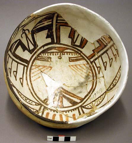 Bowl, polacca polychrome style c. int: kachina design; ext: slipped, no design.