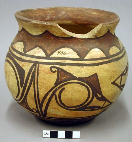 Jar, polacca polychrome style c. zuni rain bird design. 15.5 x 18.0 cm.