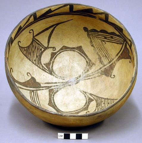 Bowl, polacca polychrome style c. int: zuni rain bird design; ext: slipped, no d