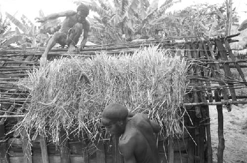 Apeori and another man begin the thatching on the roof of the new hunu in Abukulmo