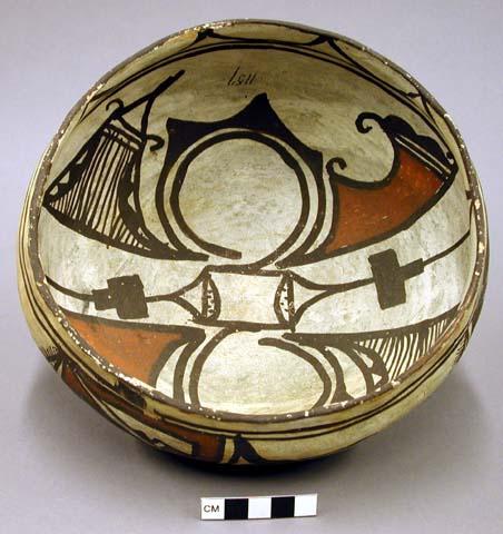 Bowl, polacca polychrome style c. int: zuni rain bird design; ext: linear design