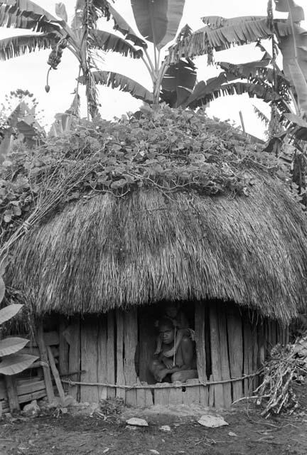 Woman and child look out the doorway of a ebeai