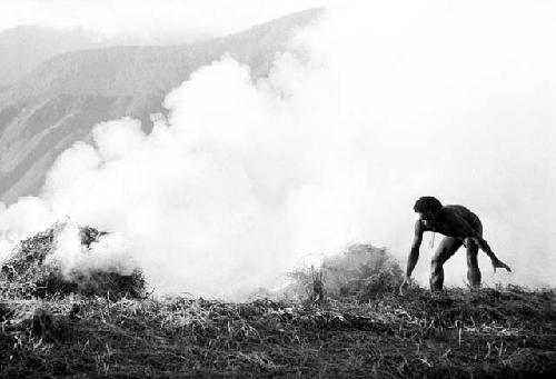 A man picking up trash to burn it