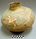Ceramic jar, black on orange exterior, short neck, reconstructed