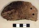 Ceramic, earthenware body sherd, cord-impressed, missing handle, two perforations