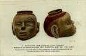 Human head effigy, front and side view. Etchings of face and painted red on back
