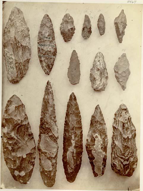 14 projectile points - compound of black obsidian-like flint and black flint