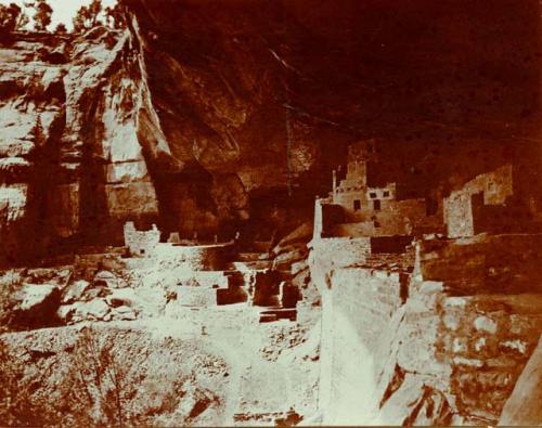 View of Cliff Palace ruins after repair by J. W. Fewkes in 1909