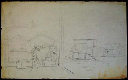 Sketch of village or camp scene.