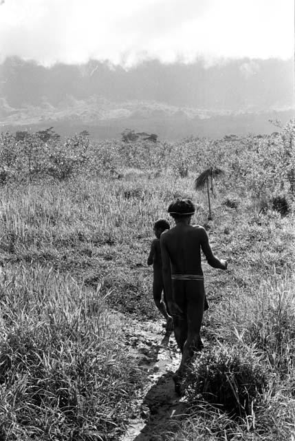 A man and some boys walking along a path