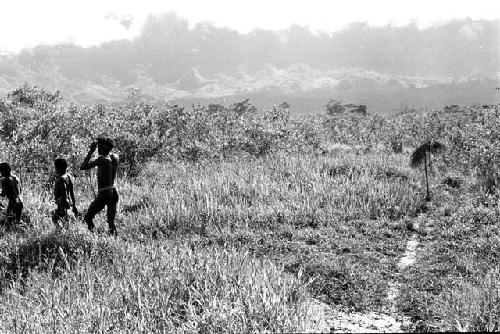 A man and some boys walking along a path