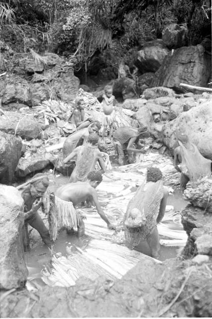 Women and children working in the salt pool at the salt well