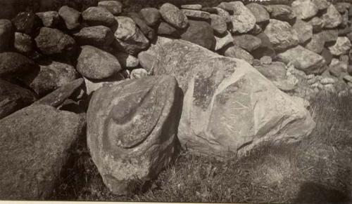 Indian carving on rock on farm of Dr. Chas. E. Wave, West Ridge