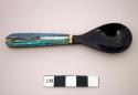 Bison horn spoon with shell and lapis inlay, signed