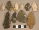 Chipped stone, side-notched, corner-notched, and stemmed projectile points; flake